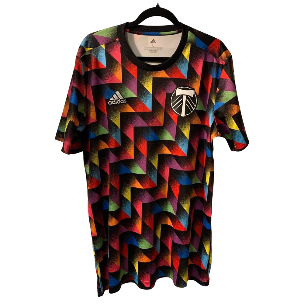 Adidas Portland Timbers 2022 LGBTQ+ Pre-Match Soccer Jersey Mens Sz L Geometric - Picture 1 of 7